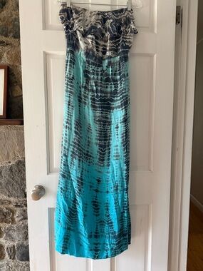 Gypsy 05 Turquoise and Navy Tie-Dye Strapless Maxi Dress